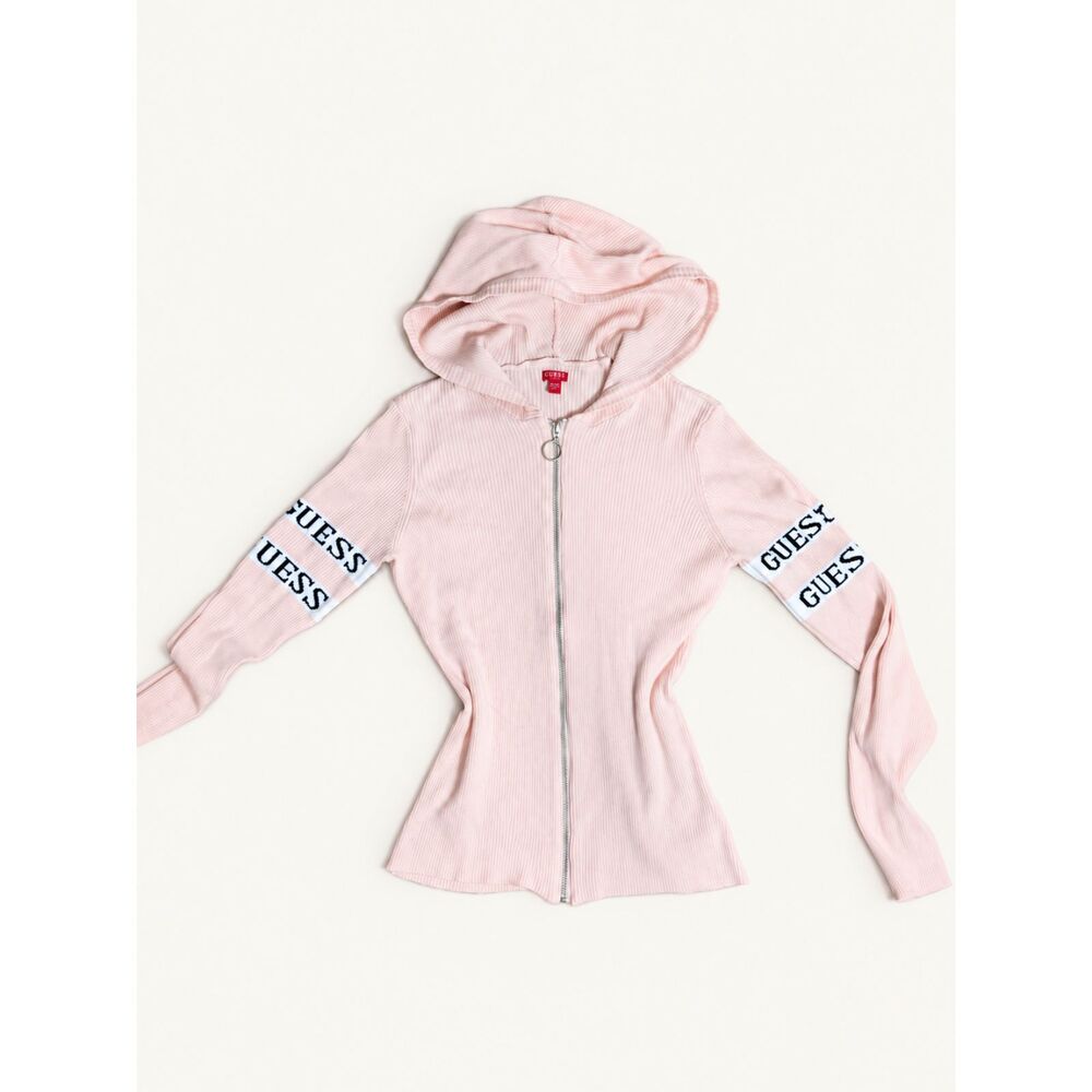Y2K GUESS Pink Ribbed Zip Hoodie L Logo Sleeve Sporty Streetwear 2021